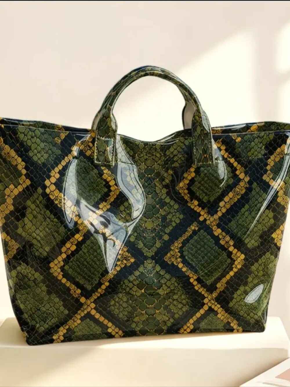 Women Green Olive Daily Commute Snake Skin Tote PVC - Picture 7 of 8